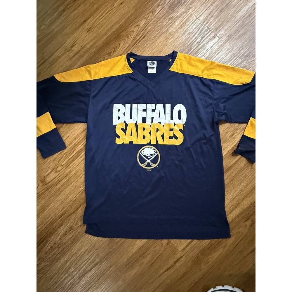 Buffalo Sabres Jersey Mens Large‎ Blue Yellow NHL Hockey Ling Sleeve